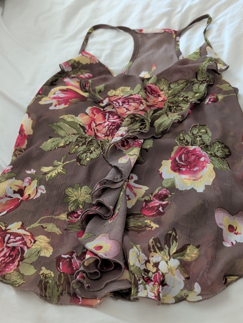 Rachel Gilbert Floral Ruffle Sleeveless Top in Brown, Pink, Green